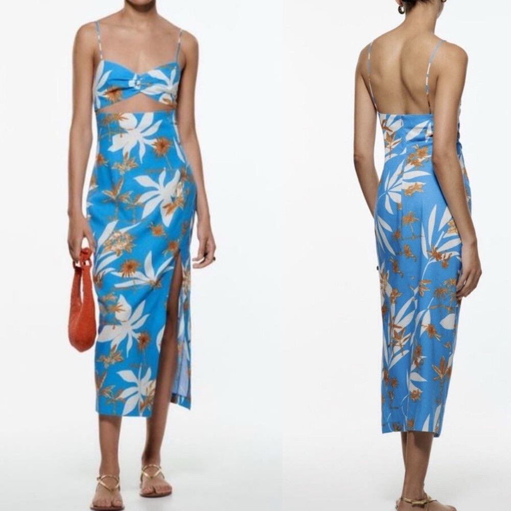 Zara Tropical Floral Blue Linen Blend Cut Out Front Slit Dress